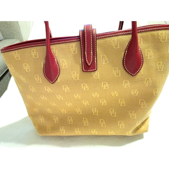 Dooney & Bourke DB Canvas Tote Bag Beige Red Leather Trim Medium - Picture 8 of 9